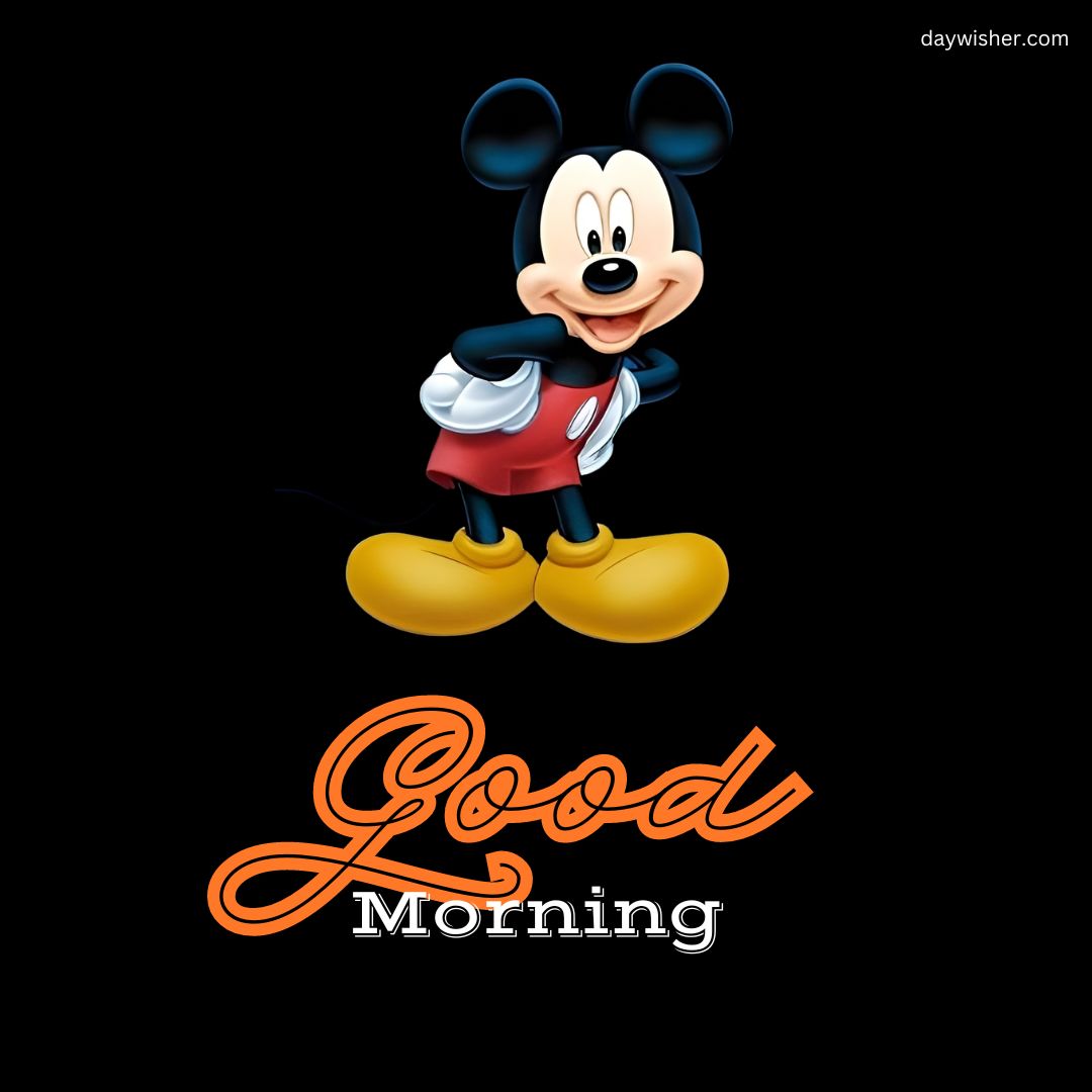 Mickey Mouse stands cheerfully with his hands on his hips, dressed in his classic red shorts and yellow shoes against a black background, next to the bright orange text "Good Morning Cartoon Images.