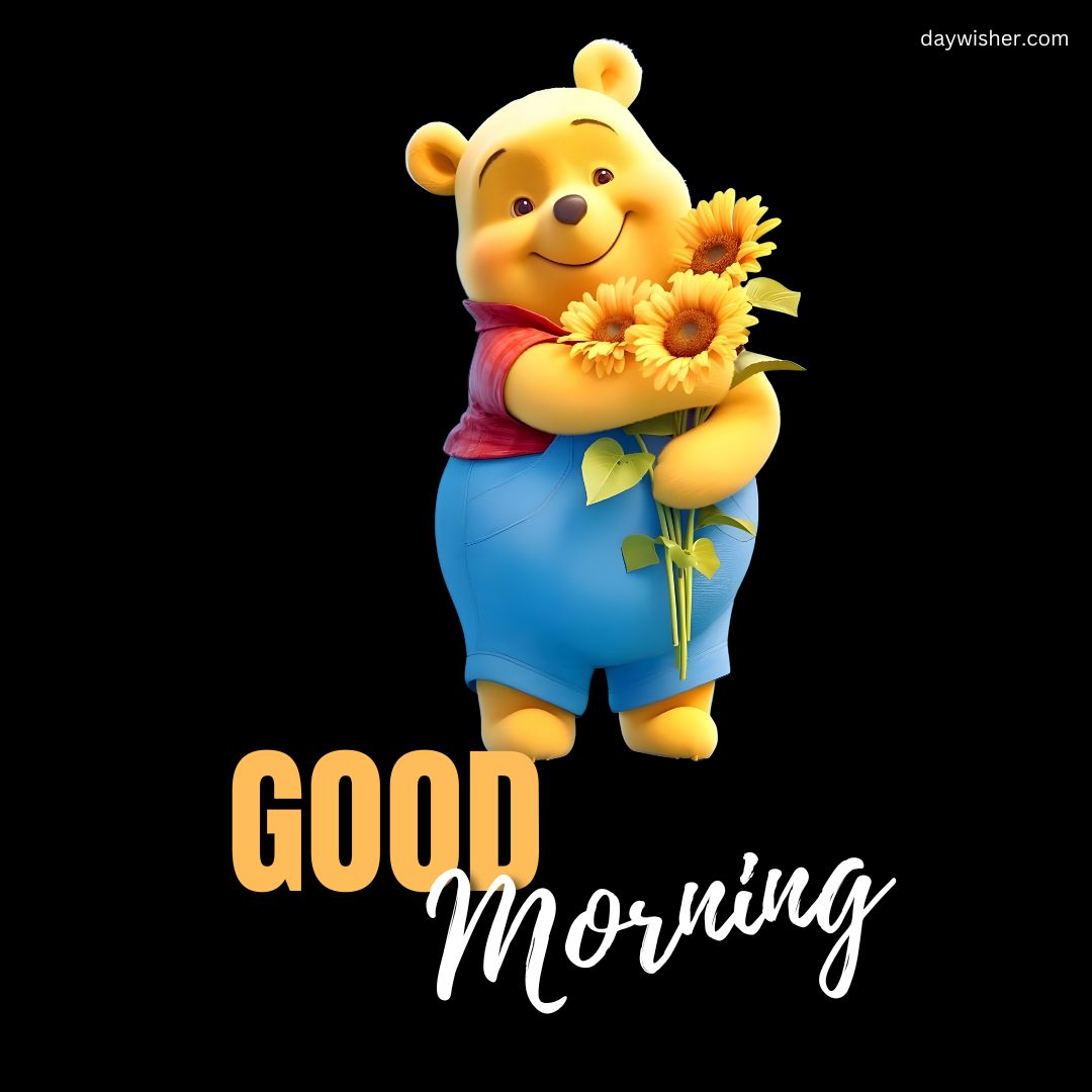 Winnie the pooh holding a bouquet of sunflowers with a smile, against a black background, with the words "good morning" in bold, friendly cartoon font.