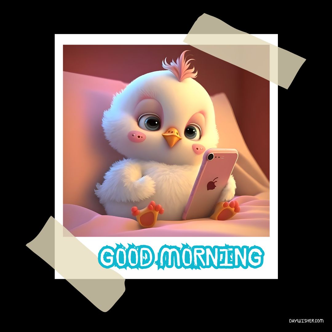 A cartoon image of a cute, fluffy chick with a tuft of hair on its head, looking at a smartphone that displays "good morning". The chick is sitting comfortably against pillows with warm lighting.