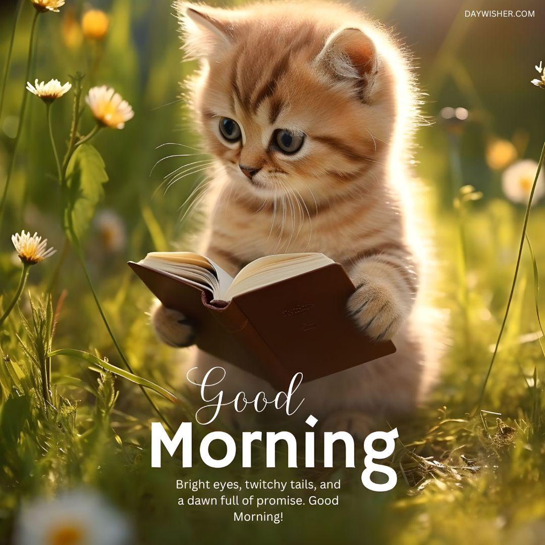 A cute orange kitten sits in a sunlit field, intently reading a small open book surrounded by blooming flowers with "purr-fect start" text overlaid.
