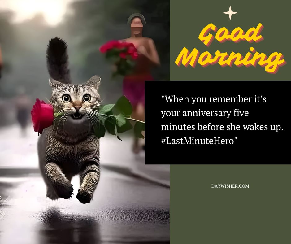 A humorous and energetic scene showing a gray tabby cat running towards the camera with a red rose in its mouth, on a rain-dampened path. In the background, several joggers can be seen, adding to the lively, early morning atmosphere.