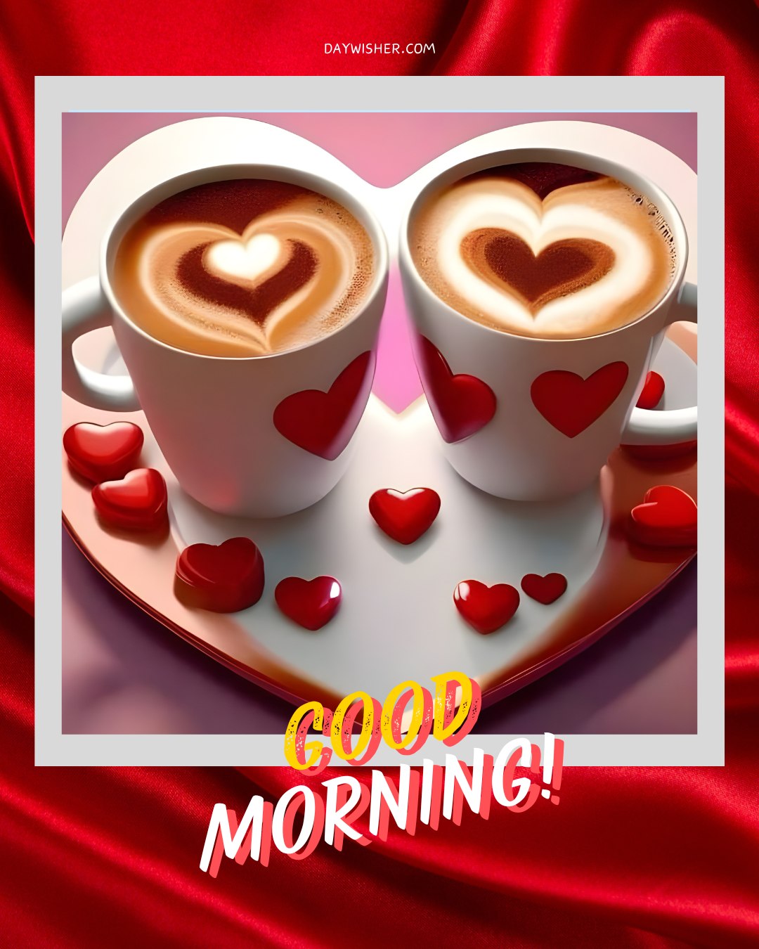 Good morning heart image featuring two white coffee cups with heart-shaped latte art on top. The cups, adorned with red hearts, sit on a heart-shaped saucer surrounded by small red heart decorations. The background includes a rich red satin fabric, adding a luxurious touch. The text "Good Morning!" is written in bold letters at the bottom. This image beautifully combines warmth and romance, perfect for a loving morning greeting.
