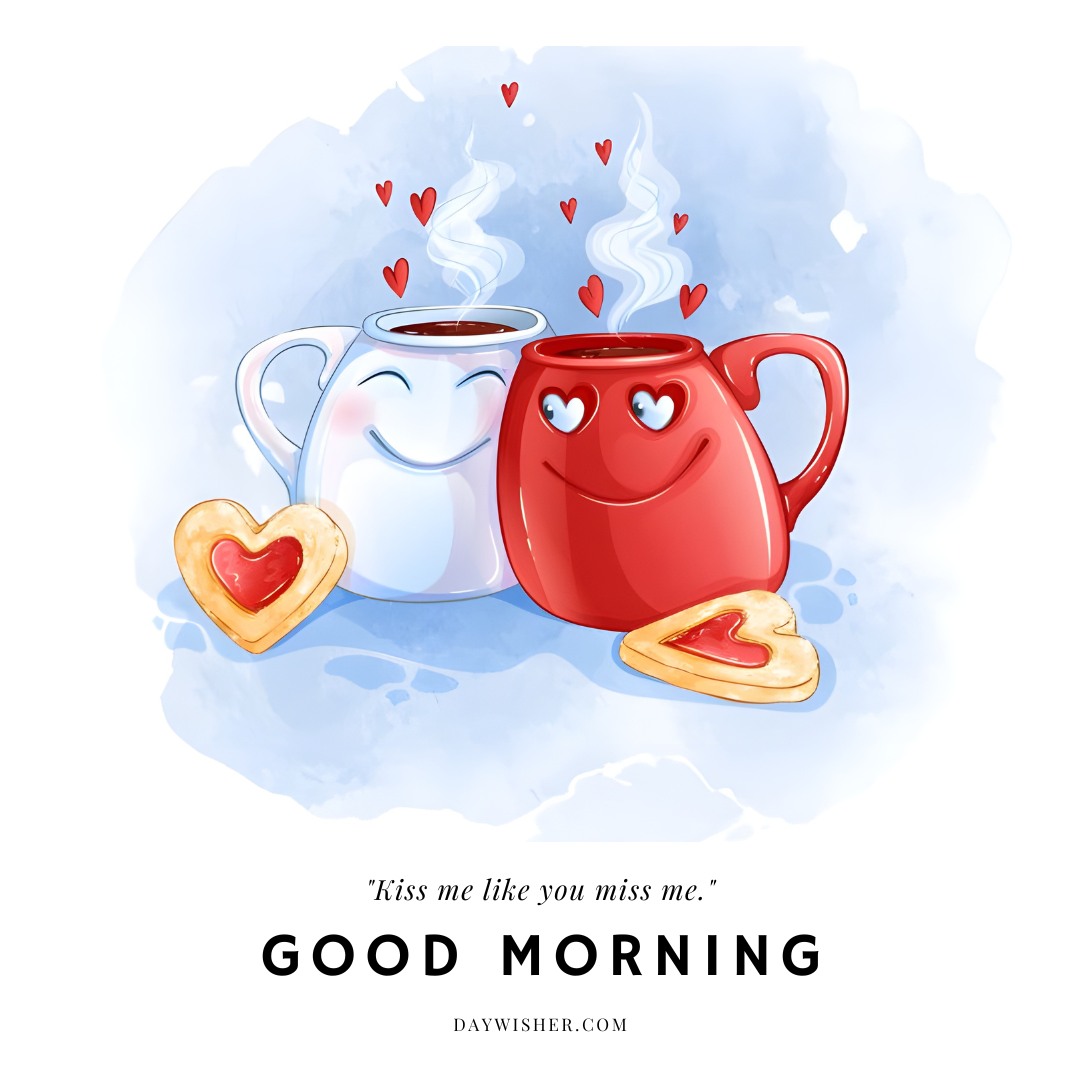 A heartwarming good morning heart image featuring two smiling coffee mugs, one red and one white, with steam forming heart shapes. The mugs are surrounded by heart-shaped cookies. The text "Good Morning" is displayed at the bottom, along with the quote, "Kiss me like you miss me." This charming image is perfect for sharing affectionate morning greetings.