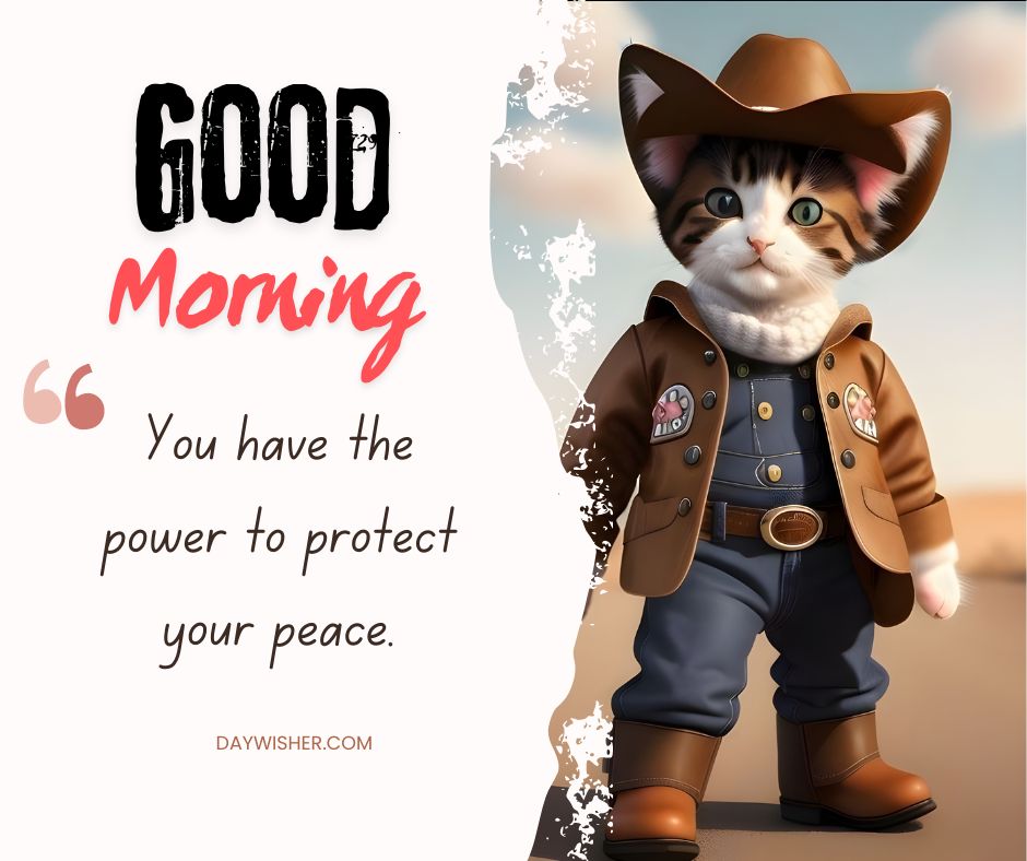 An animated cat dressed as a cowboy stands confidently in a desert setting. The cat wears a large brown cowboy hat, a detailed leather jacket with badge embellishments, and matching cowboy boots. Its expression is focused and determined, perfectly capturing a "Good Morning" spirit of adventure and readiness to tackle the day.
