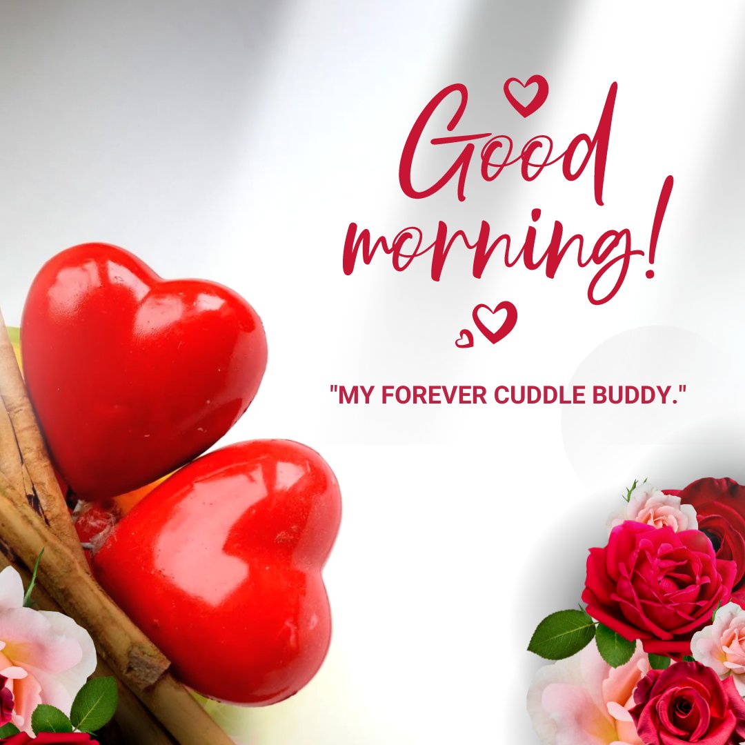 A lovely good morning heart image featuring two red heart-shaped decorations resting on cinnamon sticks. The background is light with a bouquet of roses at the bottom right. The text "Good Morning!" is prominently displayed along with the quote, "My forever cuddle buddy." This romantic and heartwarming image is perfect for sending affectionate morning greetings.
