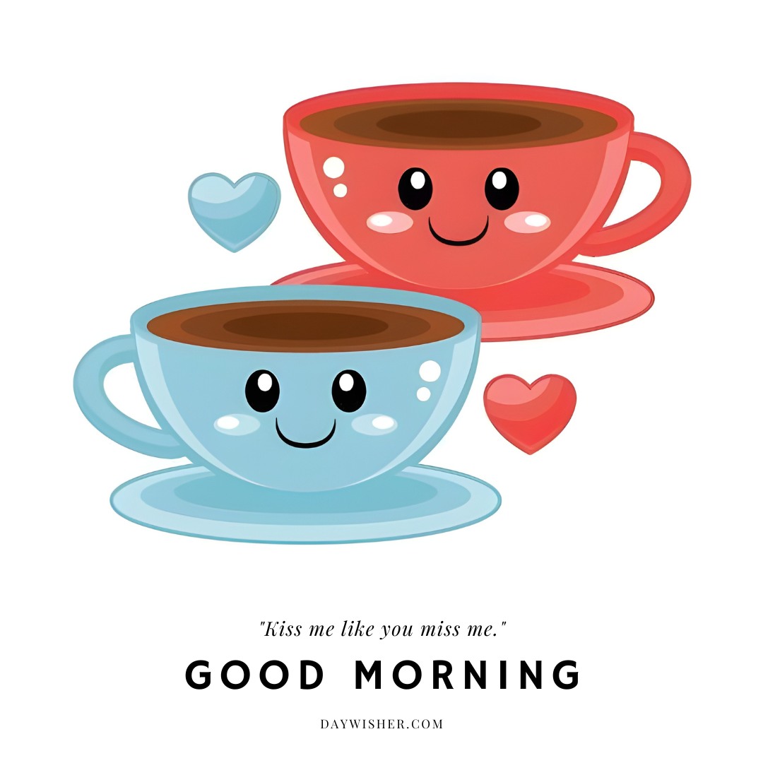 A delightful good morning heart image featuring two smiling coffee cups, one blue and one red, with heart-shaped decorations around them. The text "Good Morning" is displayed at the bottom, along with the quote, "Kiss me like you miss me." This adorable and cheerful image is perfect for sharing affectionate morning greetings.