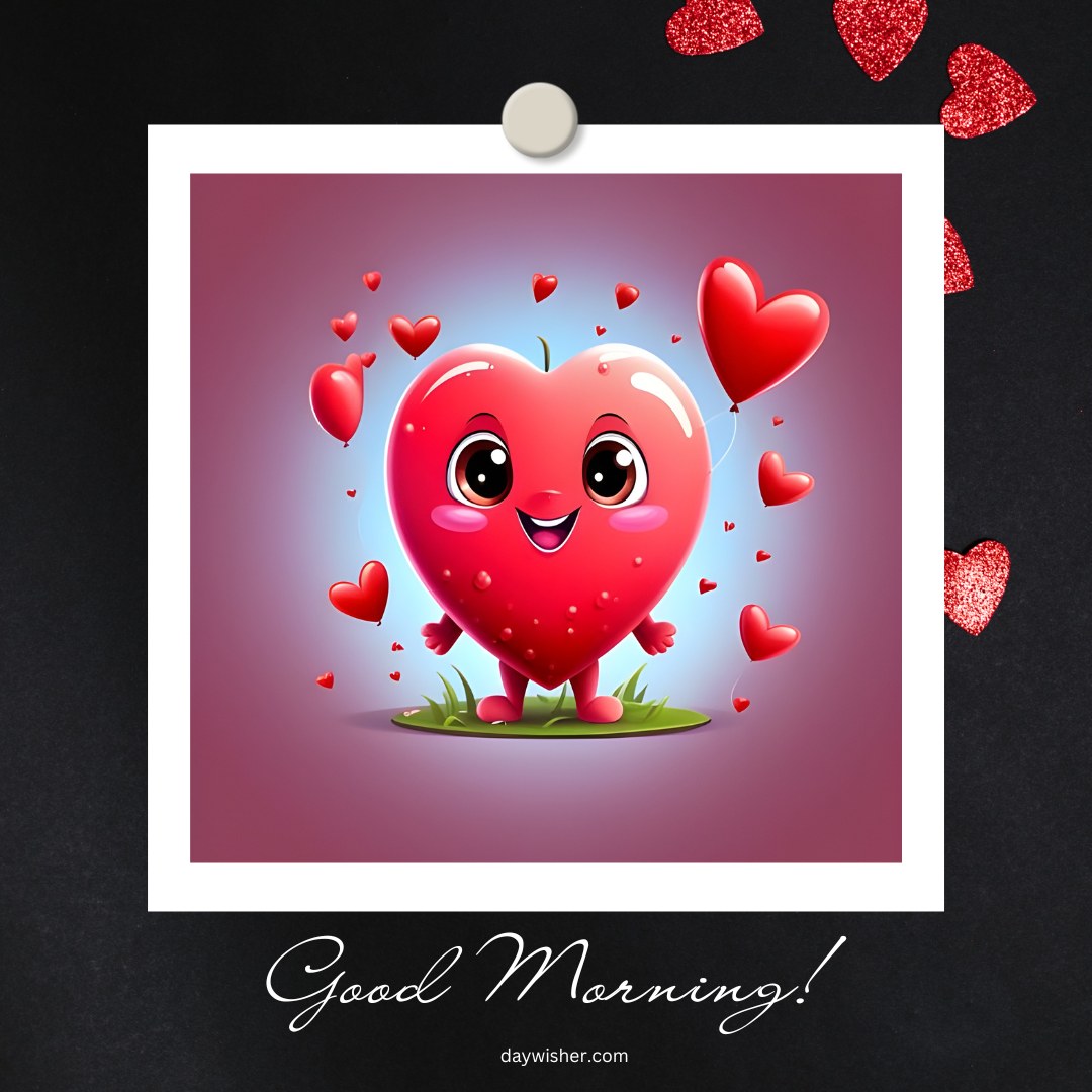 A cheerful good morning heart image featuring a cute, smiling heart cartoon character surrounded by smaller floating hearts. The character stands on a patch of grass with a gradient pink and blue background. Below the image, the text reads "Good Morning!" making it an adorable and uplifting greeting to brighten someone's day.