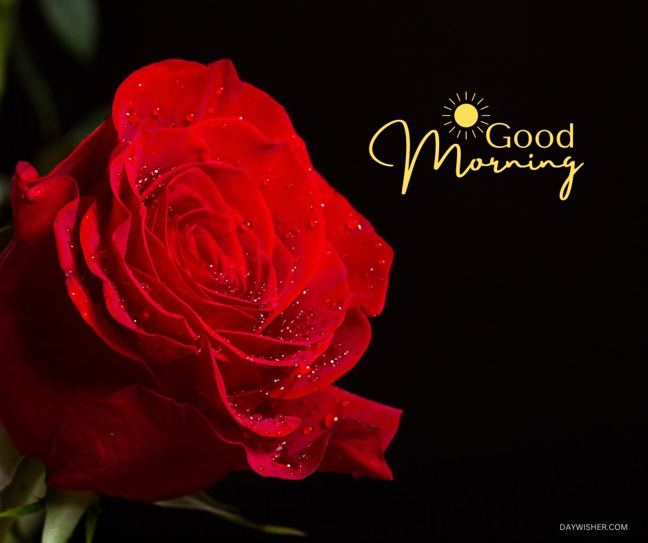 A stunning image of a vivid red rose adorned with dew drops, set against a dark background, enhancing the rose's rich color. The elegant "Good Morning" script in gold with a sun motif adds a warm greeting, making this image ideal for a refreshing and uplifting morning message.