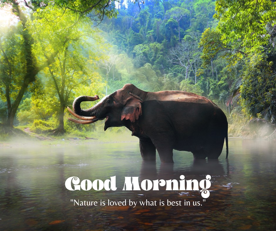 A serene good morning image featuring a majestic elephant standing in a tranquil forest river, surrounded by lush green trees and mist. The text "Good Morning" is displayed in a classic font, with the quote "Nature is loved by what is best in us." This beautiful scene captures the peaceful and majestic essence of nature, making it an ideal choice for an inspiring morning greeting.