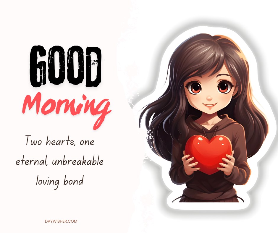 An illustrated good morning heart image featuring a girl with long brown hair holding a red heart. The text "Good Morning" is written in bold black and red font above the message, "Two hearts, one eternal, unbreakable loving bond." The image radiates warmth and affection, perfect for sharing morning greetings filled with love.