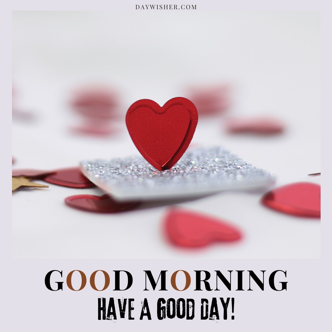 A good morning heart image with a small red heart standing on a glittery silver surface. The background is adorned with scattered red heart shapes, creating a festive and warm ambiance. The text "Good Morning Have A Good Day!" is written in bold, welcoming font at the bottom of the image. This charming picture is perfect for sending cheerful morning wishes.
