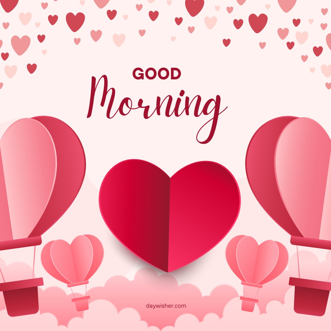 A delightful good morning heart image featuring pink and red heart-shaped hot air balloons floating in the sky, with a large red heart in the center. The background is light pink with scattered small hearts. The text "Good Morning" is elegantly displayed at the top. This charming and romantic image is perfect for sending cheerful and loving morning greetings.