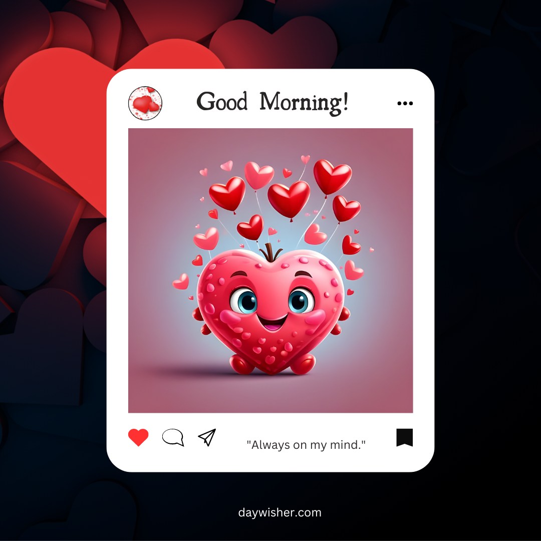 A delightful good morning heart image featuring a cute, smiling heart character surrounded by floating red heart balloons. The background has a gradient of pink and blue, with the text "Good Morning!" displayed at the top. Below the image is the quote "Always on my mind." This adorable and uplifting image is perfect for starting the day with love and positivity.