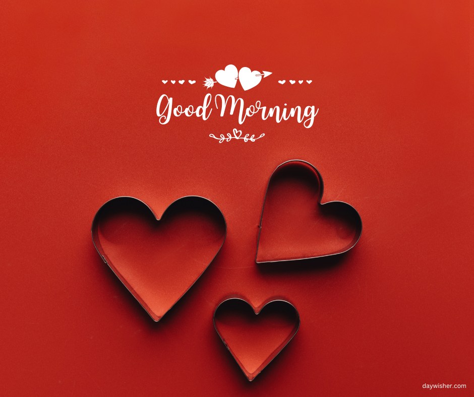A beautiful good morning heart image featuring three heart-shaped cutouts on a rich red background. The text "Good Morning" is elegantly displayed above the hearts with small decorative elements. This stylish and romantic image is perfect for sending heartfelt morning greetings.