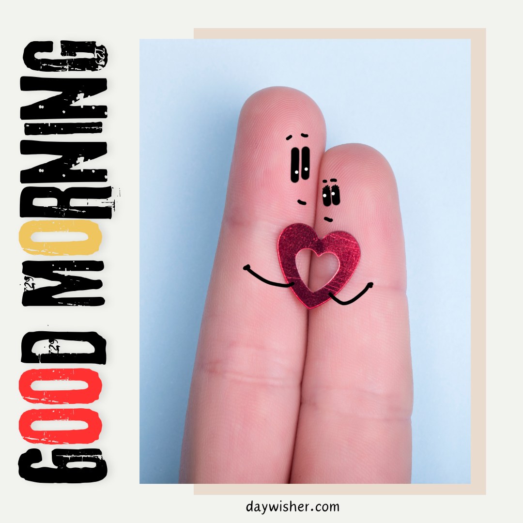 A charming good morning heart image featuring two fingers with drawn-on faces and arms, holding a red heart cutout on a light blue background. The bold text "Good Morning" is vertically aligned on the left side. This playful and affectionate image is perfect for sending sweet morning greetings.