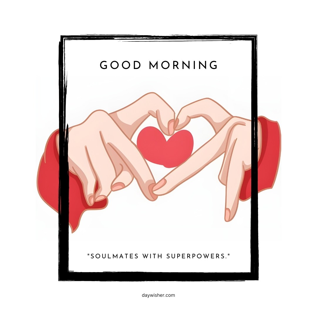 An artistic good morning heart image featuring two hands forming a heart shape with a small red heart in the center. The background is white, with the text "Good Morning" at the top and the quote "Soulmates with superpowers" at the bottom. This simple yet meaningful image is perfect for conveying love and affection to start the day.