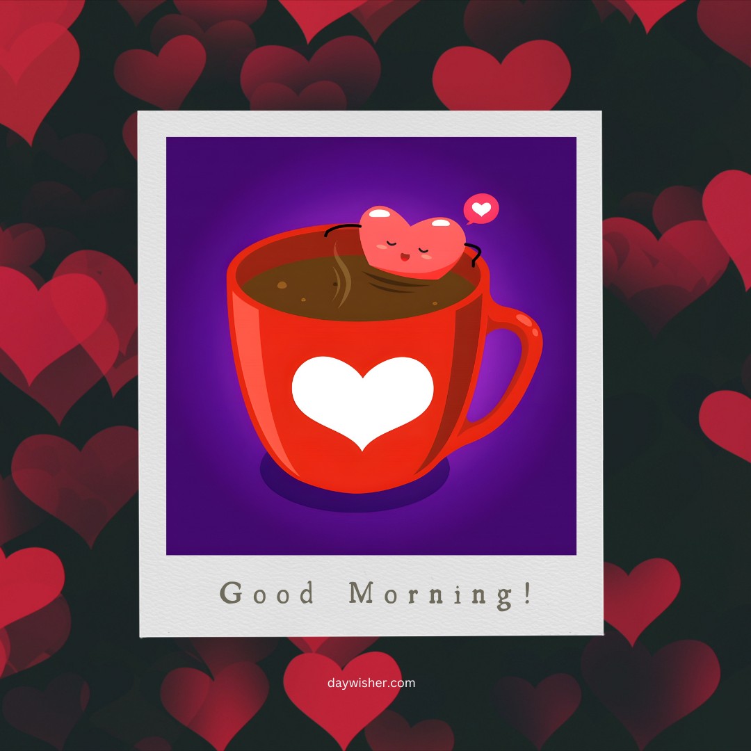 A delightful good morning heart image featuring a red coffee mug with a white heart on it. A cute heart character is floating inside the mug, surrounded by a purple background filled with dark red hearts. The text "Good Morning!" is displayed at the bottom. This charming and playful image is perfect for sending cheerful and loving morning greetings.