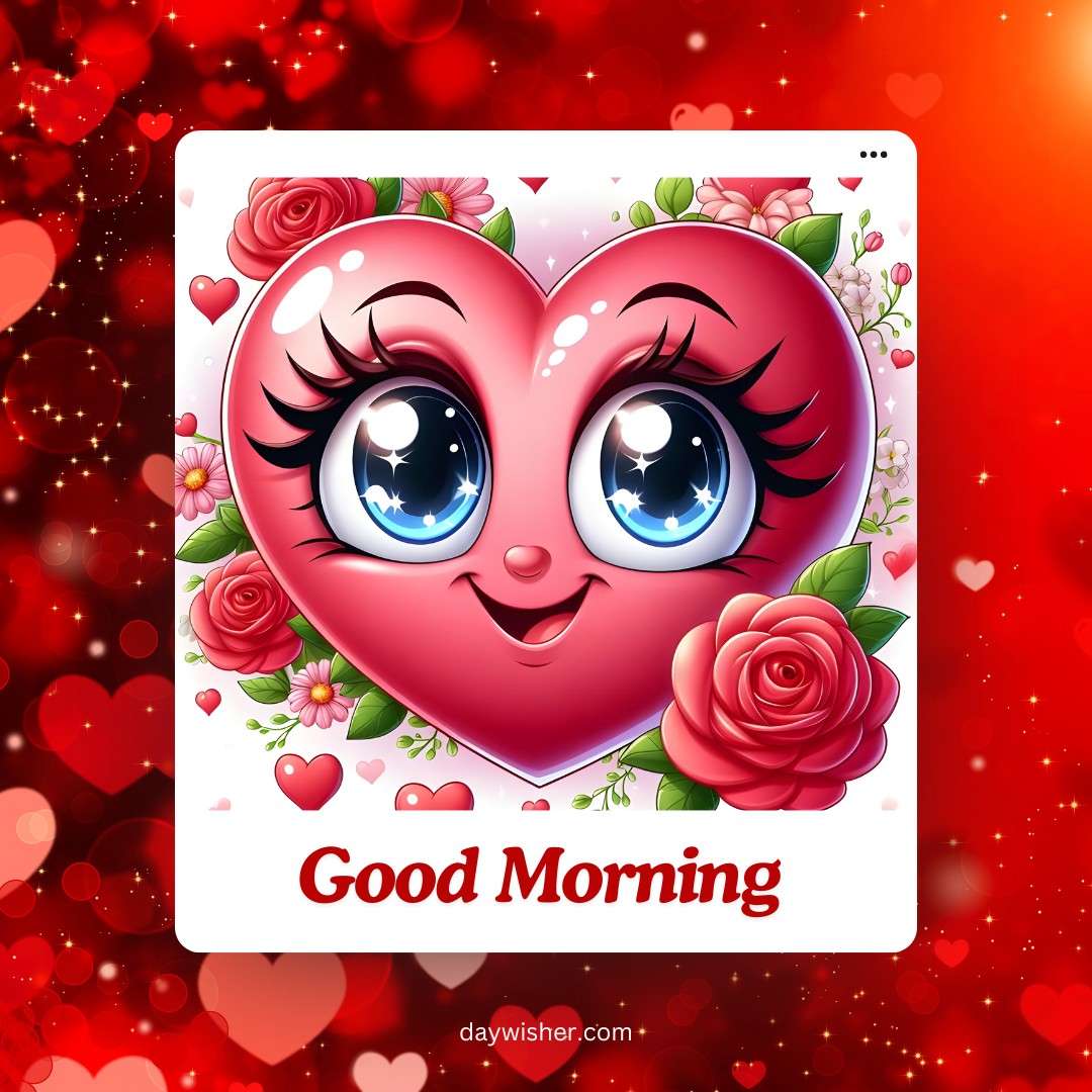 A charming good morning heart image featuring a large, smiling heart with big sparkling eyes, surrounded by red roses and green leaves. The background is filled with small hearts and a soft glow, creating a cheerful and loving atmosphere. The text "Good Morning" is prominently displayed at the bottom, making this image perfect for spreading love and positivity to start the day.