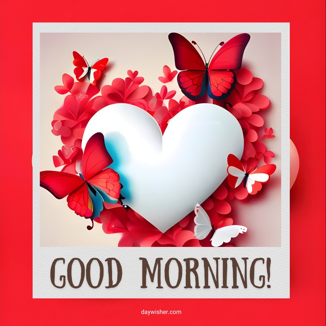 Good morning heart image featuring a large white heart surrounded by vibrant red flowers and beautiful butterflies. The butterflies, in shades of red and white, add a lively and cheerful touch to the image. The text "Good Morning!" is written in bold, brown letters at the bottom, framed by a red border. This image perfectly conveys a warm and loving morning greeting filled with joy and affection.