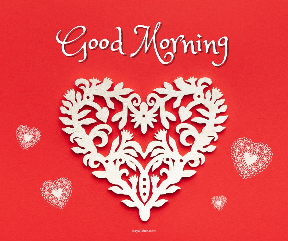 A detailed and elegant good morning heart image featuring an intricately designed white heart on a vibrant red background. The text "Good Morning" is written in a stylish cursive font at the top. Delicate white lace hearts are scattered around, adding to the charm and beauty of the image. Perfect for sending warm morning greetings filled with love and affection.