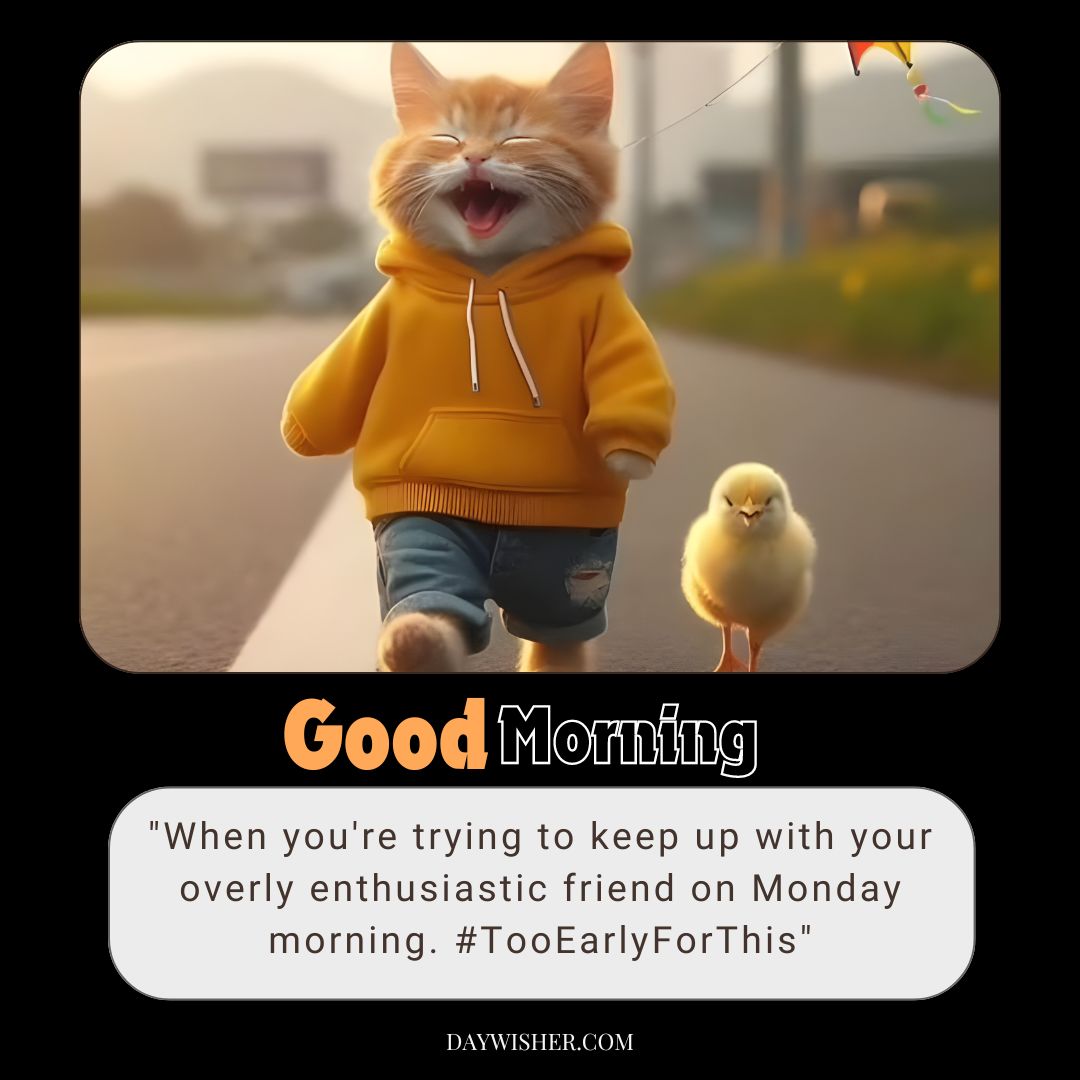 A heartwarming and playful scene featuring a ginger kitten in a yellow hoodie, joyfully running with a kite flying behind it. Beside the kitten trots a small chick, adding a touch of adorable companionship. The background shows a quiet road and soft morning light, perfect for a day of fun and adventure.