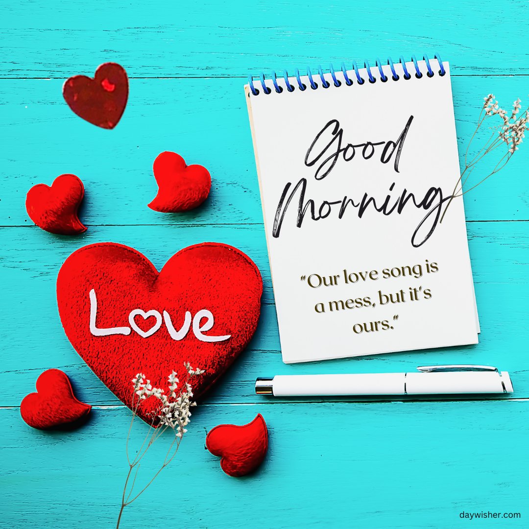 A charming good morning heart image featuring a red heart with the word "Love" written on it, surrounded by smaller red hearts. Next to the hearts is a notebook with the text "Good Morning" and the quote, "Our love song is a mess, but it's ours." The background is a vibrant blue wooden surface, creating a bright and cheerful atmosphere. This image is perfect for sending romantic and heartfelt morning greetings.