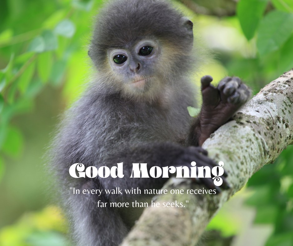 A heartwarming good morning image featuring a baby monkey sitting on a tree branch, surrounded by lush green leaves. The text "Good Morning" is written in a charming font, accompanied by the quote "In every walk with nature one receives far more than he seeks." This image captures the innocence and beauty of wildlife, making it perfect for a touching and inspiring morning greeting.