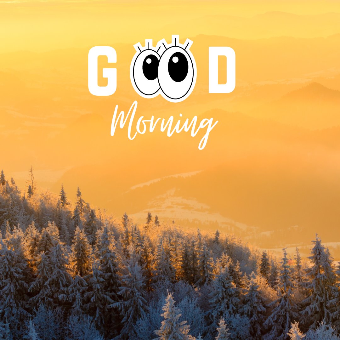 A beautiful winter landscape with frost-covered trees illuminated by the golden light of sunrise. The text "Good Morning" features playful eyes in the "O's," adding a whimsical touch. Perfect for good morning nature images, HD quality, and inspiring landscapes to start the day with warmth and joy.