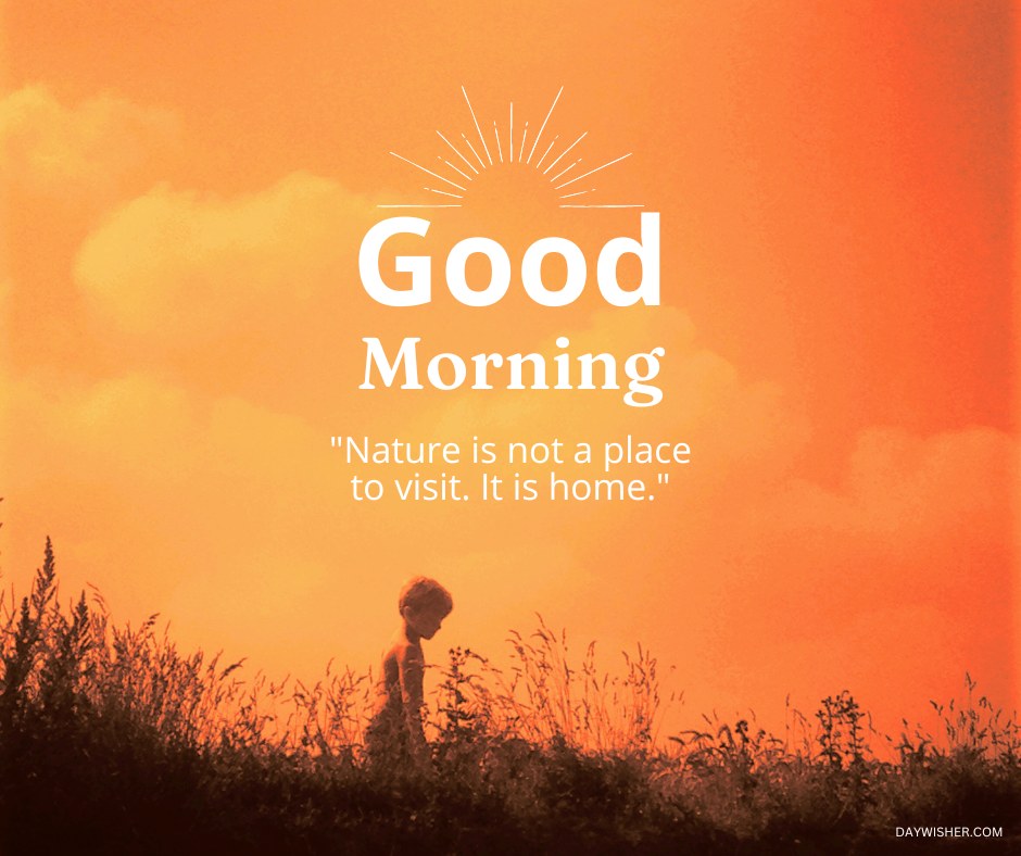 A serene morning scene with a child standing in a field against a backdrop of a glowing orange sky. The text "Good Morning" and the quote "Nature is not a place to visit. It is home." emphasize the connection with nature. Ideal for good morning nature images, HD quality, and inspirational quotes to start the day with warmth and mindfulness.