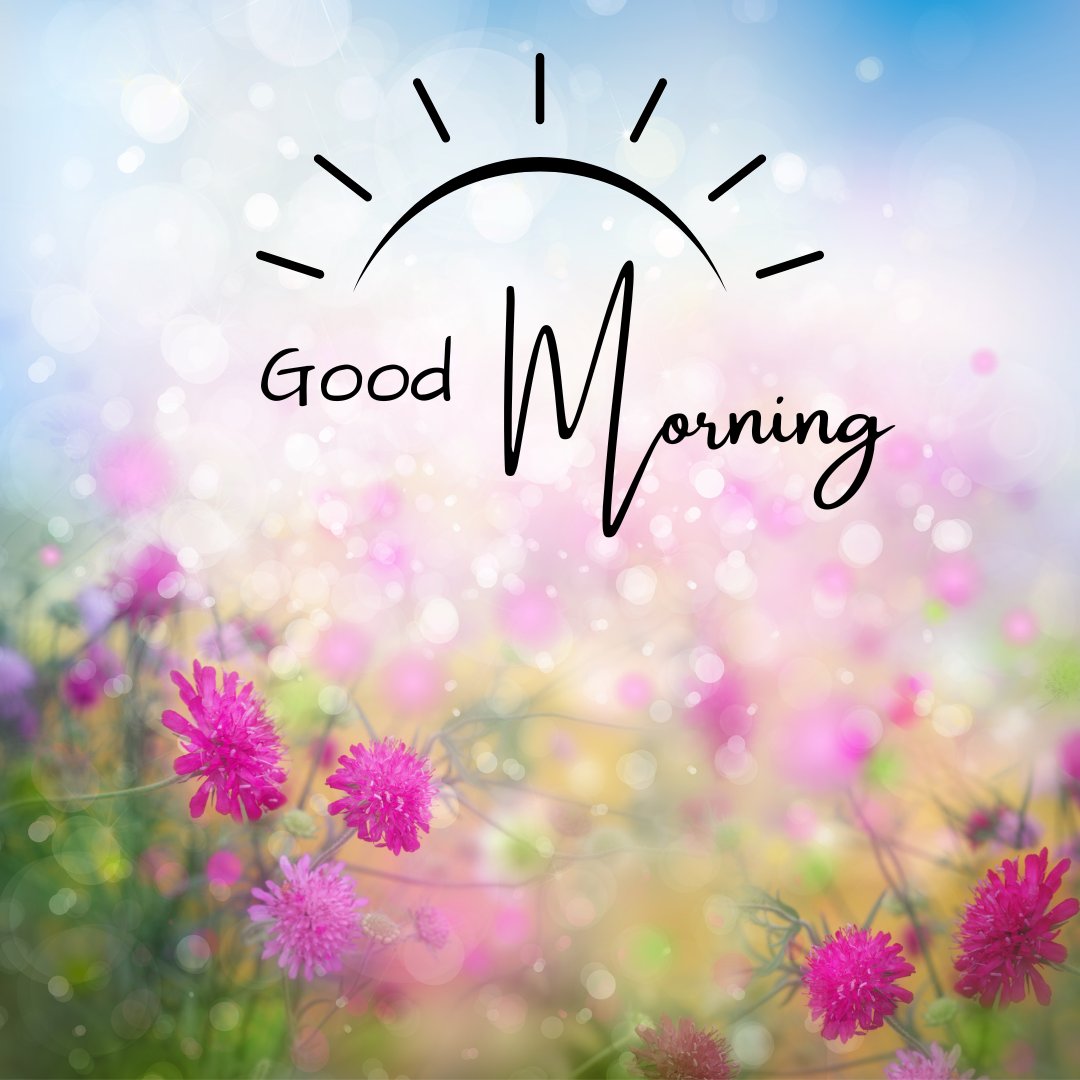 A vibrant morning scene with pink and purple flowers in a field, set against a soft, colorful background with bokeh effects. The text "Good Morning" is prominently displayed with a sun illustration. Perfect for good morning nature images, HD quality, and beautiful landscapes to inspire joy and positivity.