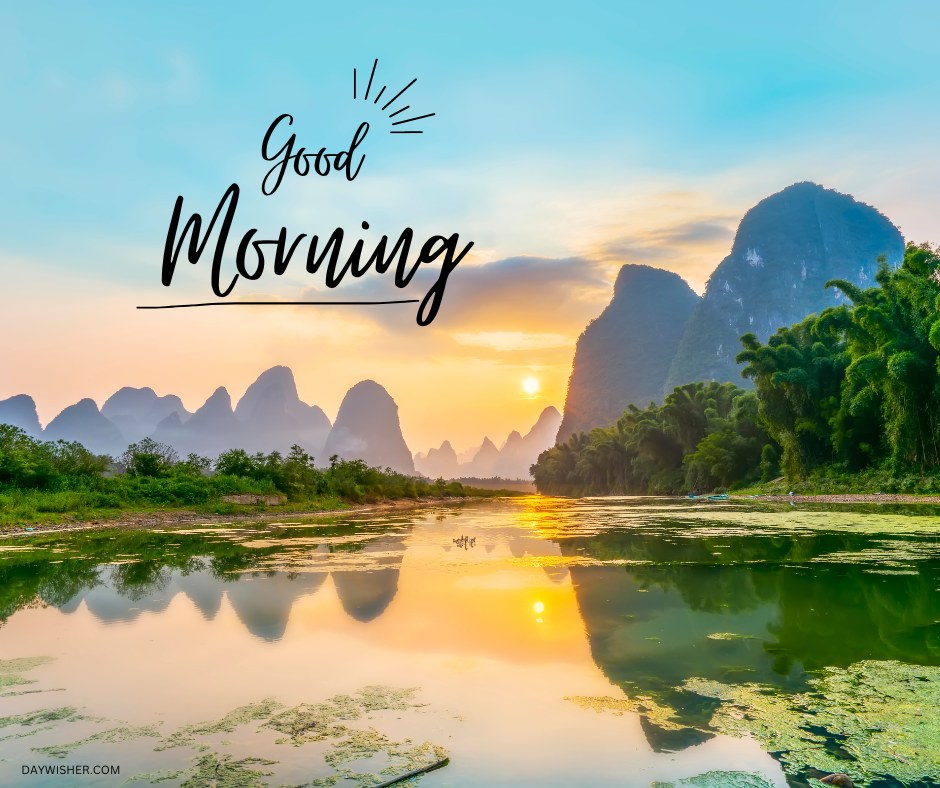 A breathtaking sunrise over a tranquil mountain landscape with a clear sky, lush greenery, and a reflective river. The image features the text "Good Morning," making it perfect for starting the day with a peaceful view. Ideal for good morning nature images, HD quality, and inspirational quotes.