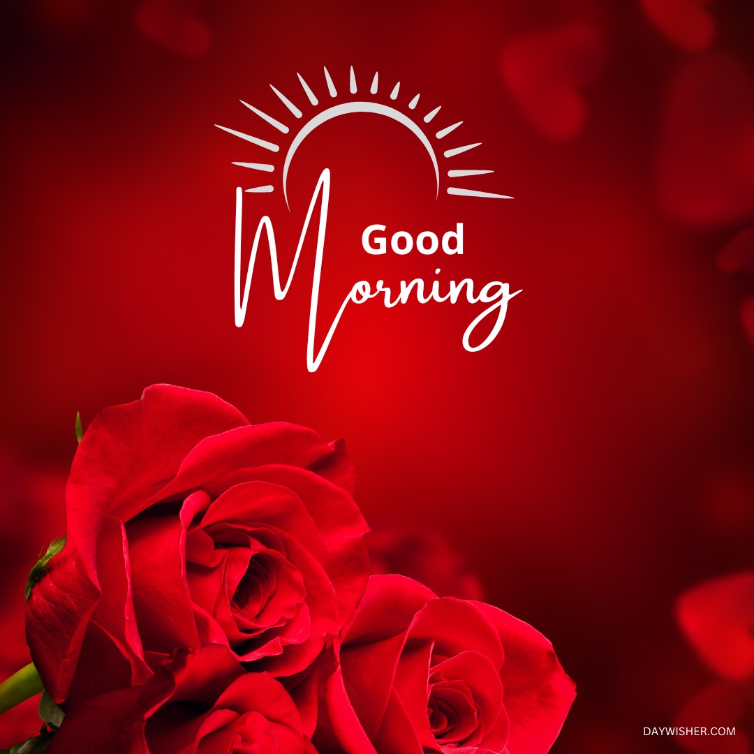A vivid bouquet of red roses set against a deep red backdrop, highlighted by a stylish "Good Morning" text within a sun-like emblem. This image exudes warmth and vibrancy, perfect for a passionate and energizing morning message.