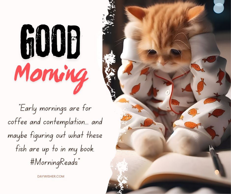 A charming scene featuring a fluffy ginger kitten dressed in white pajamas adorned with orange fish, sitting up and reading a book in the early morning. The kitten, deeply engrossed in the pages, displays a look of curiosity and focus, surrounded by a softly lit room that captures the quiet peace of morning.