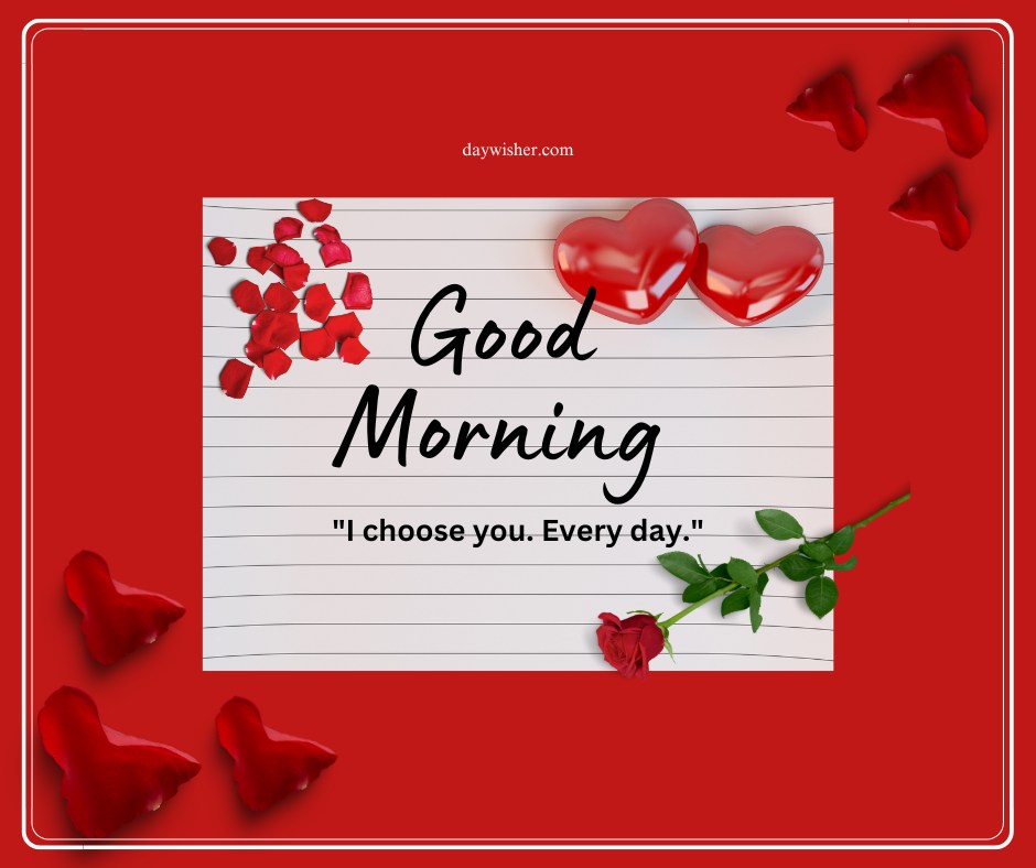 A romantic good morning heart image featuring a lined paper with the text "Good Morning" written on it. The paper is decorated with red heart petals, two red heart-shaped balloons, and a red rose. The background is a vibrant red, and the quote "I choose you. Every day." is displayed at the bottom. This heartfelt image is perfect for sharing loving morning greetings.