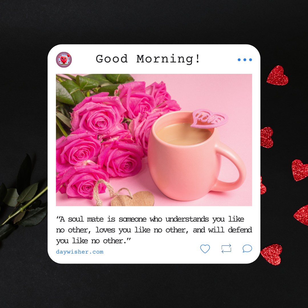 A charming good morning heart image featuring a pink coffee cup with a heart-shaped "Love" stirrer, placed next to a bouquet of vibrant pink roses. The background is soft pink, and the text "Good Morning!" is displayed at the top. Below the image is the quote, "A soul mate is someone who understands you like no other, loves you like no other, and will defend you like no other." This beautiful and romantic image is perfect for sending morning greetings to someone special.
