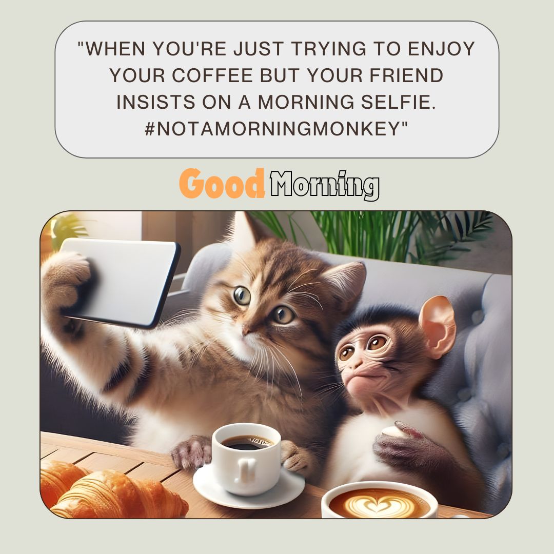 A playful scene where a tabby cat and a small monkey enjoy a morning coffee together. The cat, holding a smartphone, attempts to take a selfie, while the monkey looks on with a puzzled expression. The table is set with croissants and two cups of coffee, creating a cozy and amusing breakfast setting.