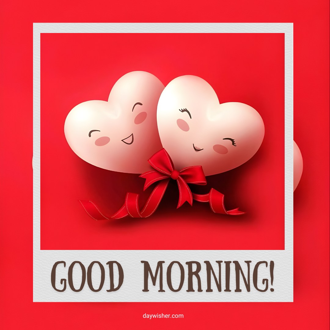 A delightful good morning heart image featuring two smiling heart-shaped characters adorned with a red ribbon, set against a vibrant red background. The cheerful text "Good Morning!" is displayed below the hearts in a playful font. This charming image is perfect for sending warm and joyful morning greetings.