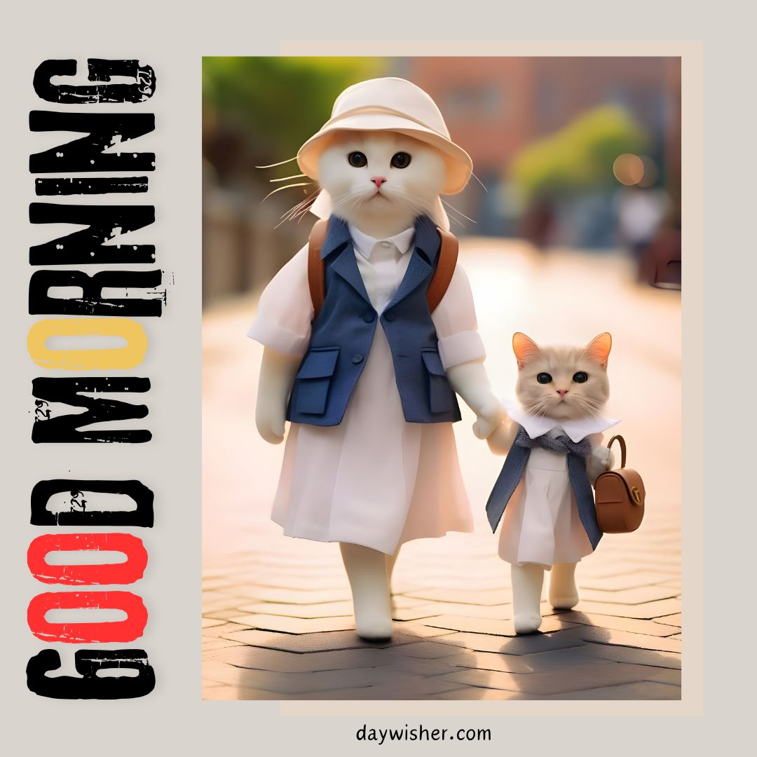 A Good Morning Cat and a cat doll walking on a sidewalk.