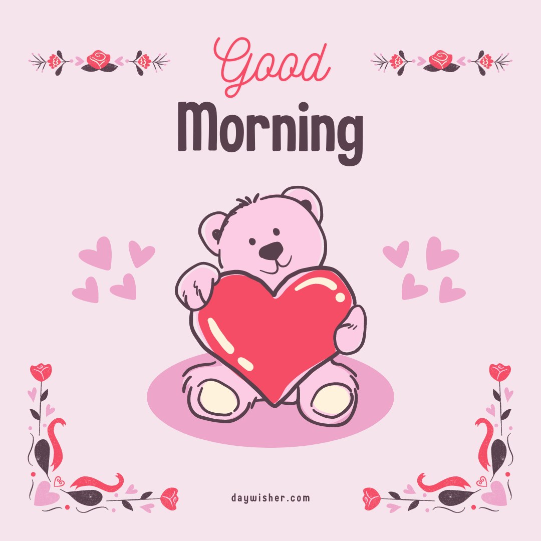 A cute good morning heart image featuring a pink teddy bear holding a large red heart. The background is light pink with floral decorations at the corners and small floating hearts around the teddy bear. The text "Good Morning" is displayed prominently at the top. This charming and adorable image is perfect for sending cheerful and loving morning greetings.