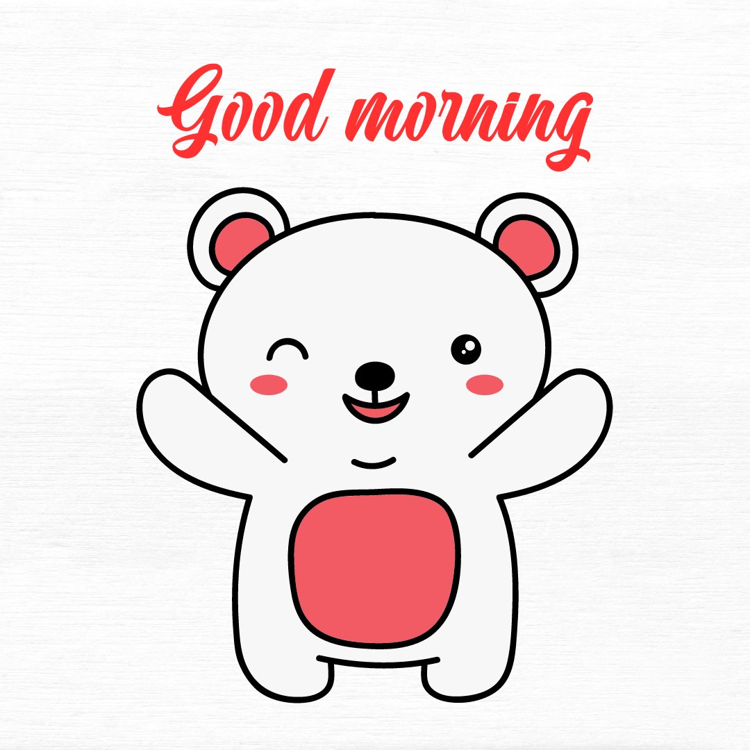 A cute, cartoon-style teddy bear with a winking expression and rosy cheeks, greeting the morning with the text "Good Morning" in red script. The bear has a simple white and pink color scheme, creating a cheerful and friendly start to the day.
