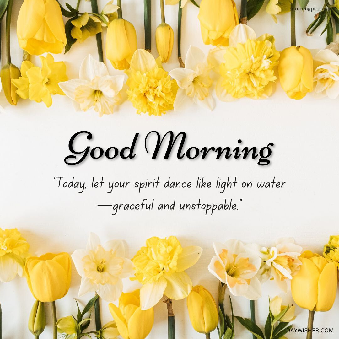 Flat lay of yellow tulips and white daffodils on a light background with a text overlay saying "good morning" and an inspirational quote with positive words.