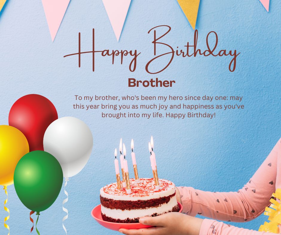 A birthday card design featuring the text "birthday wishes for brother" with colorful balloons, a birthday cake with candles being held by a person, and a heartfelt message on a dual-tone blue and pink background