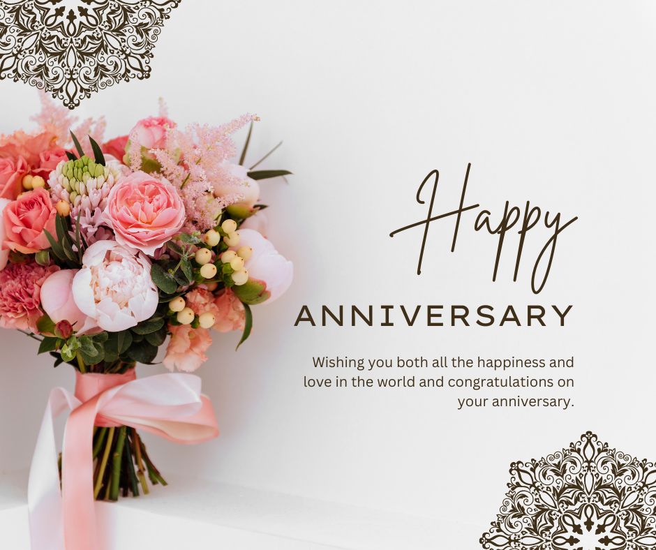 A floral wedding anniversary card featuring a bouquet of pink roses and peonies with a delicate ribbon, set against a white background with elegant black and gold corner designs and a "happy anniversary" message.
