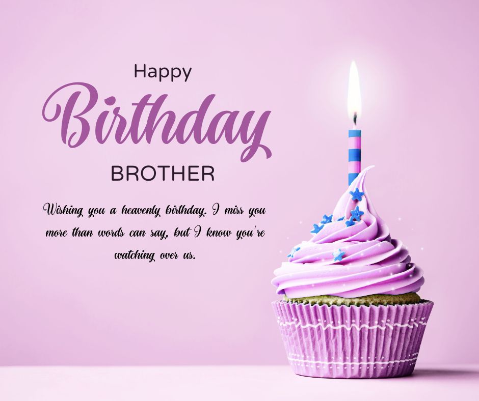 A single lit candle on a purple froasted cupcake against a light purple background with birthday wishes for brother and a heartfelt note.