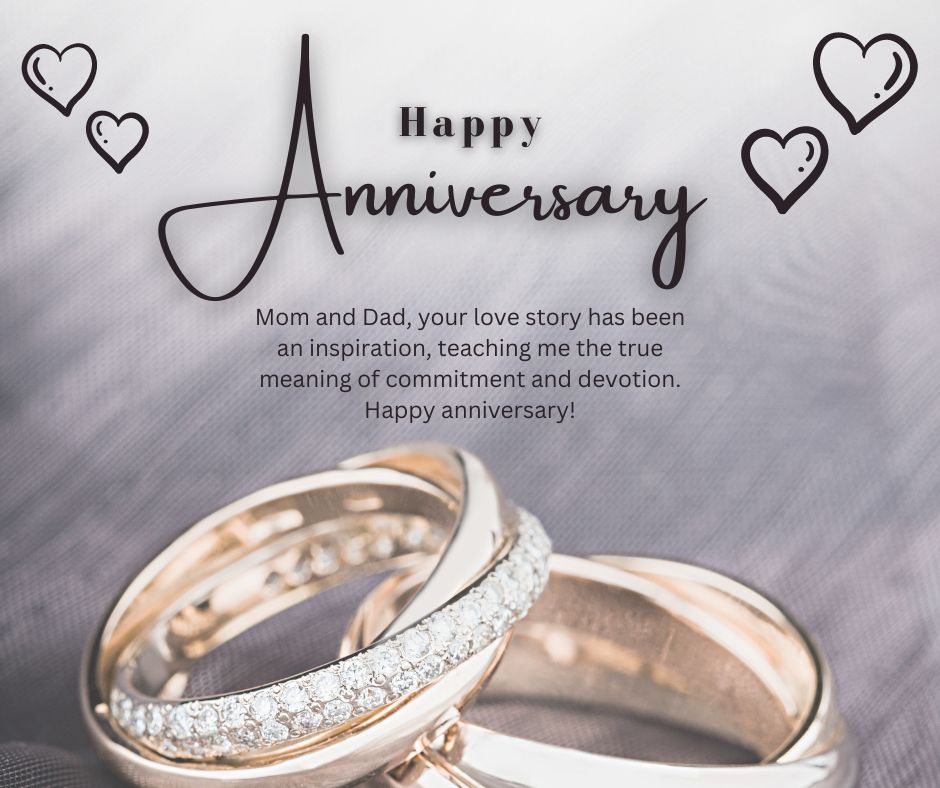 Two intertwined gold wedding rings, one encrusted with diamonds, lying on a soft, textured surface with "Wedding Anniversary Wishes for Parents," hearts, and a heartfelt note to mom and dad