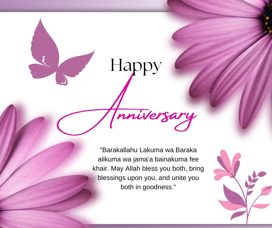 A stylish Wedding Anniversary Wishes for Parents card featuring a large pink flower and a purple butterfly, with blessings written in English and Arabic script on a white background.