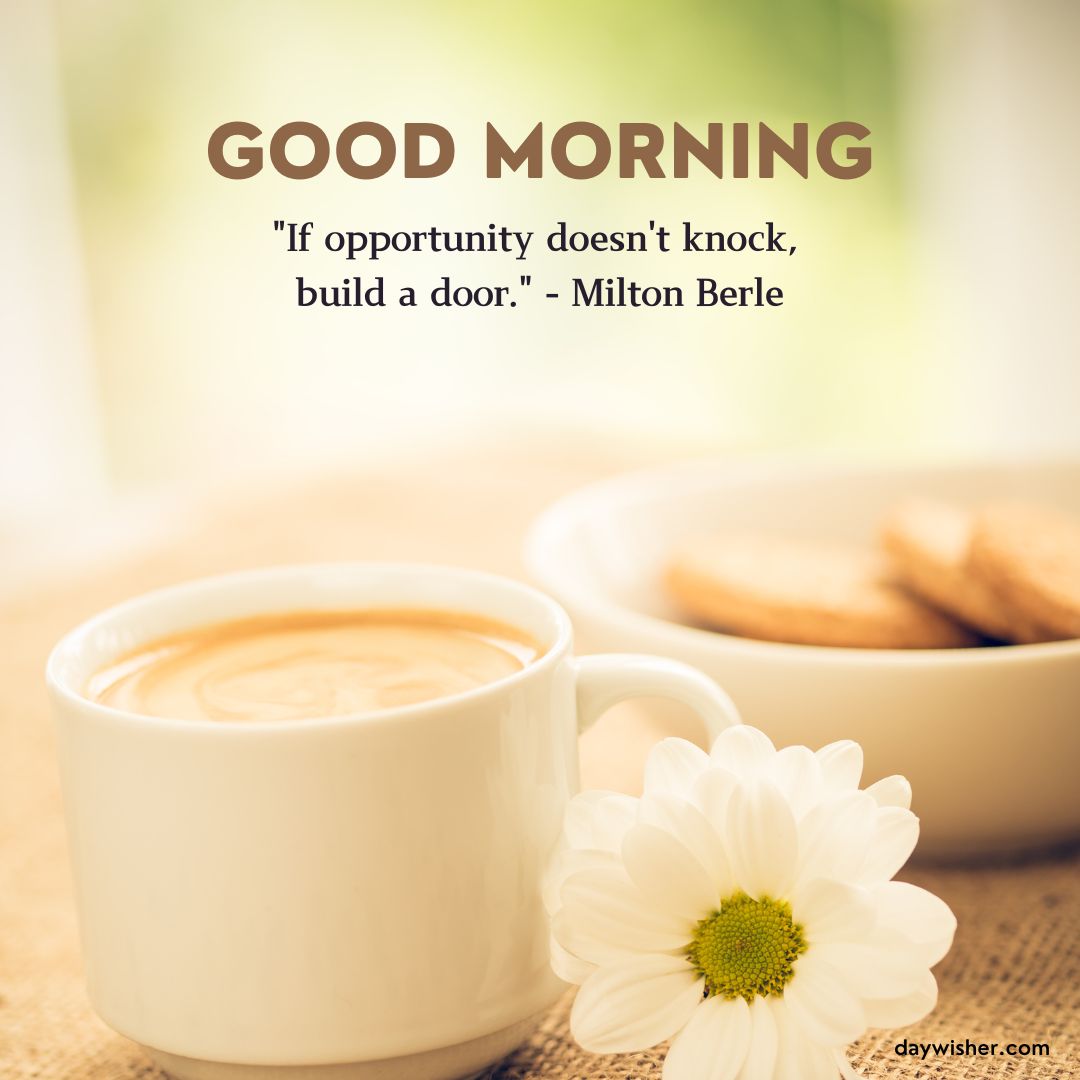 A calming image featuring a cup of coffee with a heart-shaped design, a white flower, and biscuits in the background, accompanied by a "good morning" greeting and positive words by Milton Berle.