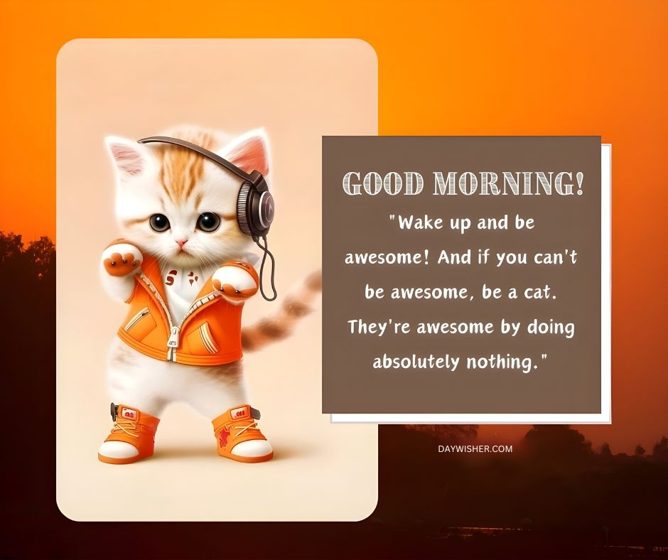 An image of a cute kitten wearing headphones, an orange jacket, and sneakers. The background is orange, and there's a text overlay that says "Good Morning! Wake up and be awesome!