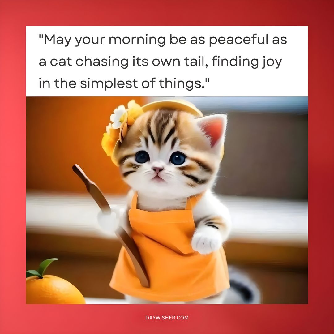 A cute kitten in a yellow dress and a flower headband holds a paintbrush, sitting next to an orange with a playful, joyful expression. A quote overlay wishes a "Good Morning.