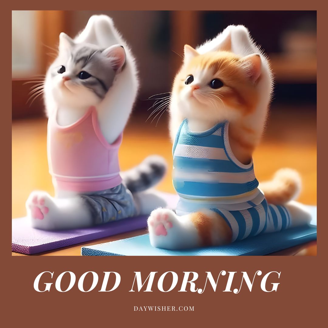 Two adorable cartoon kittens in sporty outfits stretching on yoga mats with a warm, glowing background and the text "Good Morning Cat Images" at the bottom.